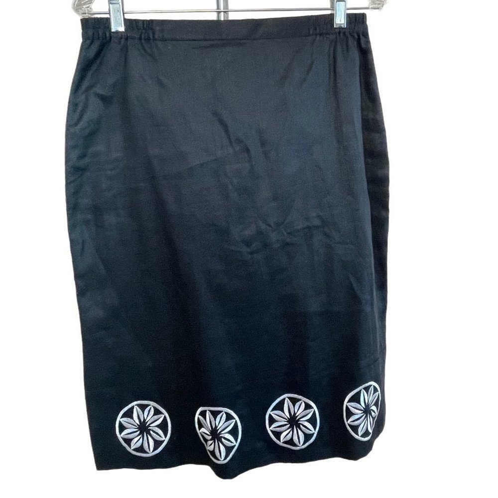 Linen Straight Pencil Embroidered Black Carry Back Skirt Sz 8
